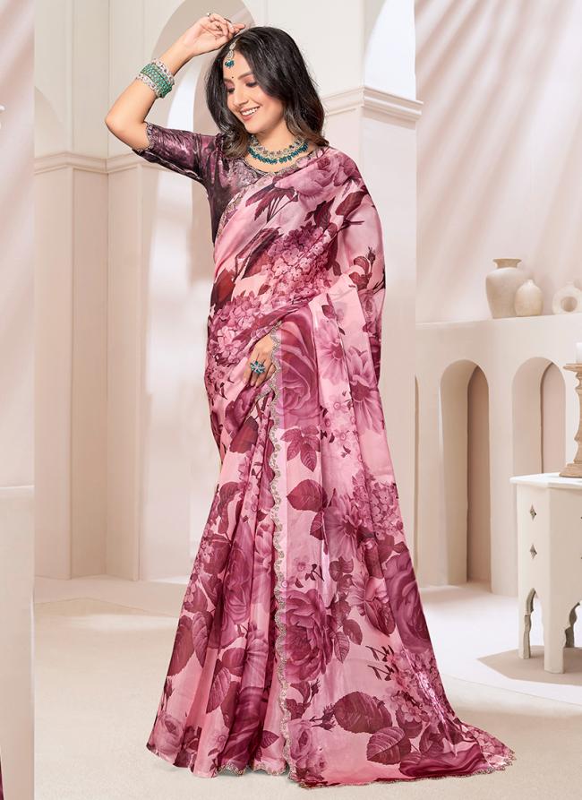 Crystal Organza Silk Wine Traditional Wear Hand Work Saree